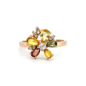 Срібна каблучка 925 проби в позолоті 750 проби 3,36 г з індійськими, шрі-ланкійськими, мадагаскарськими сапфірами класу AAAA та топазами 1,7 карат