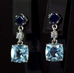 Срібні сережки 925 проби 5,02 г зі шрі-ланкійськими Сапфірами класу АААА та блакитними топазами 9,6 карат Срібні сережки 925 проби 5,02 г зі шрі-ланкійськими Сапфірами класу АААА та блакитними топазами 9,6 карат