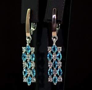 Срібні сережки 925 проби з позолотою 375 проби 4,68 г з блакитними та білими Фіанітами 4,5 карат Срібні сережки 925 проби з позолотою 375 проби 4,68 г з блакитними та білими Фіанітами 4,5 карат