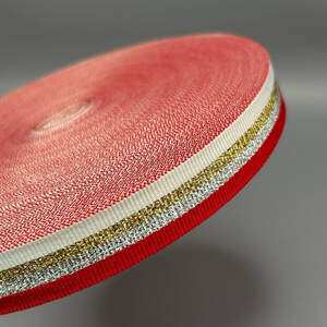 Лампасная репсовая лента (тесьма) ширина 2см - красная с серебром и золотом