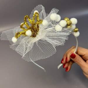 Обруч для волос с атласной лентой - Корона золото