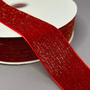 Бархатная лента с люрексом золото 4 см 22 м - красный