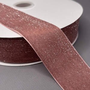 Бархатная лента с люрексом серебро 4 см 22 м - лососевый