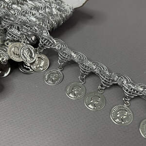 Тесьма серебро с монетами - 3,5 см монетка 15 мм