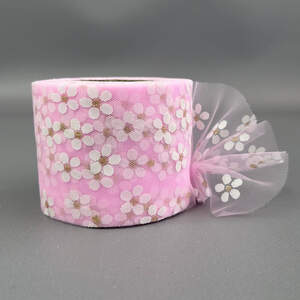 Фатин в рулонах 6 см, моток 22 м - розовый в ромашку