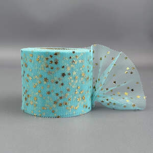 Фатин в рулонах 6см, моток 22 м - голубой с золотыми звездами