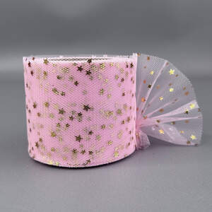 Фатин в рулонах 6см, моток 22 м - розовый с золотыми звездами