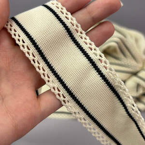 Лампасная тесьма-ажурная, трикотажная 4 см - айвори с черными Лампасная тесьма-ажурная, трикотажная 4 см - айвори с черными