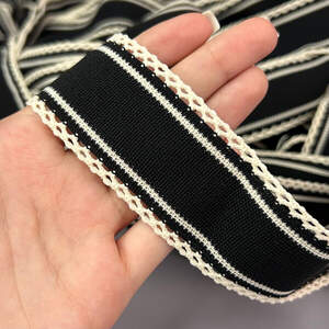 Лампасная тесьма-ажурная, трикотажная 4 см - черная с бежевым Лампасная тесьма-ажурная, трикотажная 4 см - черная с бежевым