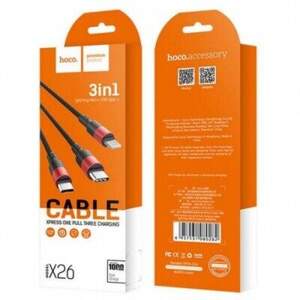 Кабель Hoco X26 Xpress 3in1 USB - (Lightning+MicroUSB+Type-C) 2.0A/1m (Чорно-червоний) Кабель Hoco X26 Xpress 3in1 USB - (Lightning+MicroUSB+Type-C) 2.0A/1m (Чорно-червоний)