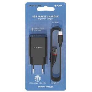 Мережевий Зарядний Пристрій Borofone BA20A 1USB/2.1A + MicroUSB (Чорний) Мережевий Зарядний Пристрій Borofone BA20A 1USB/2.1A + MicroUSB (Чорний)