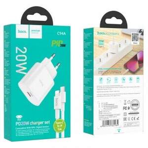Мережевий Зарядний Пристрій Hoco C94A (PD/QC3.0) 1Type-C/3.0A/20W + (Type-C - Lightning) (Білий) Мережевий Зарядний Пристрій Hoco C94A (PD/QC3.0) 1Type-C/3.0A/20W + (Type-C - Lightning) (Білий)