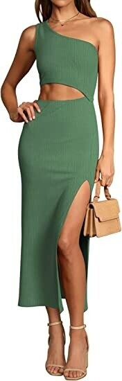 Queen Women's Summer One Shoulder Sleeveless Cutout Side Slit Bodycon Maxi Long Dress