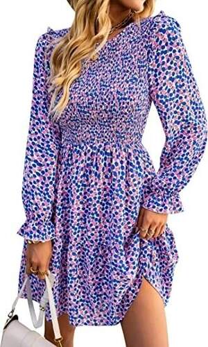 KIRUNDO Women's Floral Print Ruffle Long Sleeve Crewneck Smocked High Waist A -Line Swing Flowy Short Mini Dresses