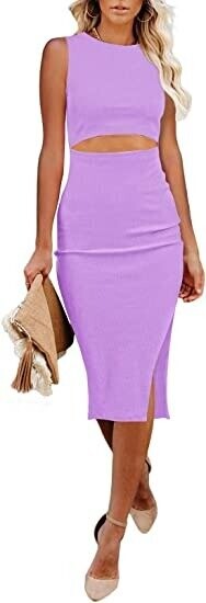 Queen Women's Crew Neck Sleeveless Cutout Side Slit Knee Length Bodycon Midi Dress