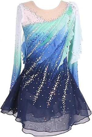 LIUHUO Girl's Dance Dress Gradient Blue Gems Competition Performance Wear Ice Skating Dress